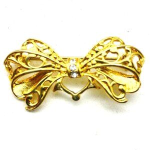 Vintage Gold Tone Bow Brooch with Clear Rhinestone Center